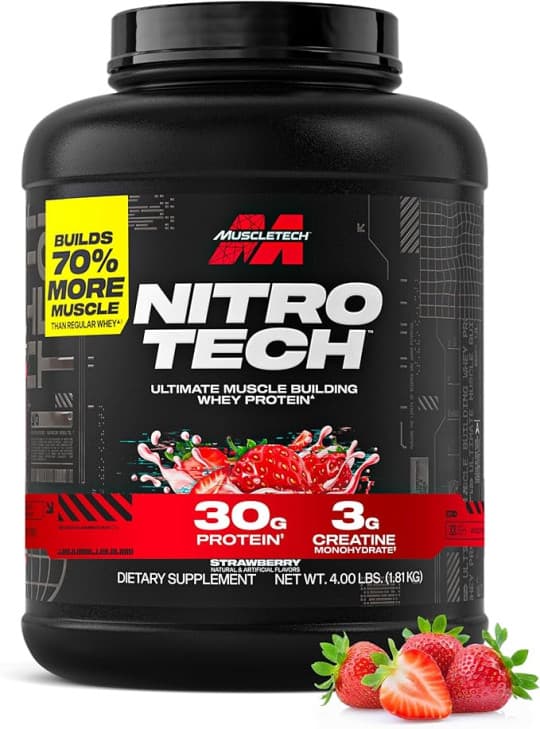 Muscletech Whey Protein Powder (Strawberry, 4 Pound) - Nitro-Tech Ultimate Muscle Building Formula with Whey Protein Isolate