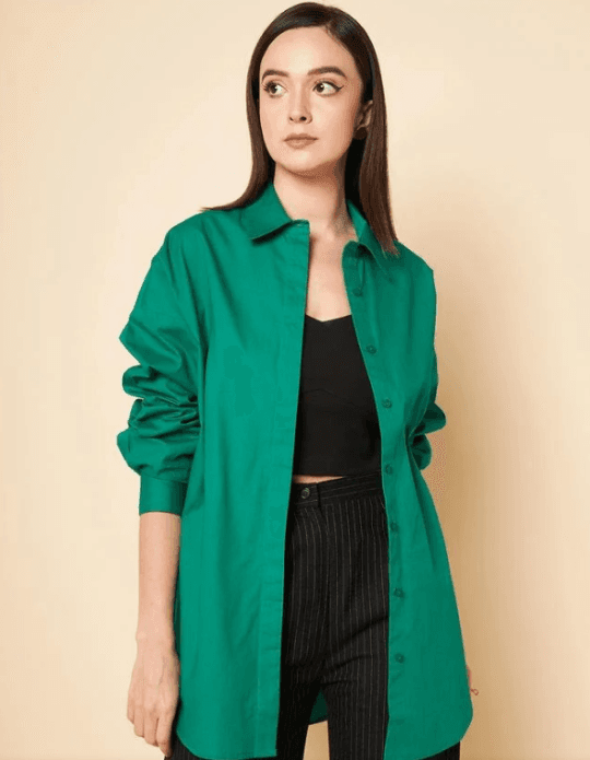 Women'S Green 100% Cotton Solid Pattern Button Down Shirt